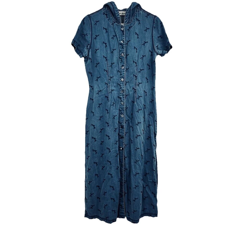 Vintage Maxi Blue Denim SS Hooded Button Shirt Dress Embroidered